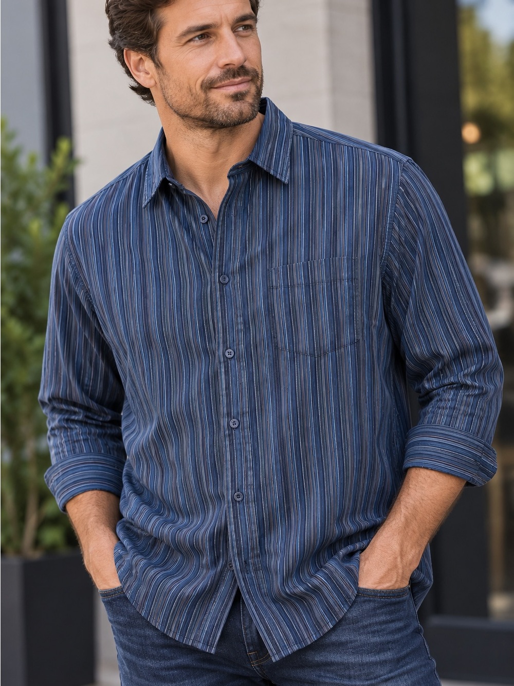 George Men’s XXL 46-48 Navy Blue Striped Long Sleeve Button Down Shirt 100% Poly